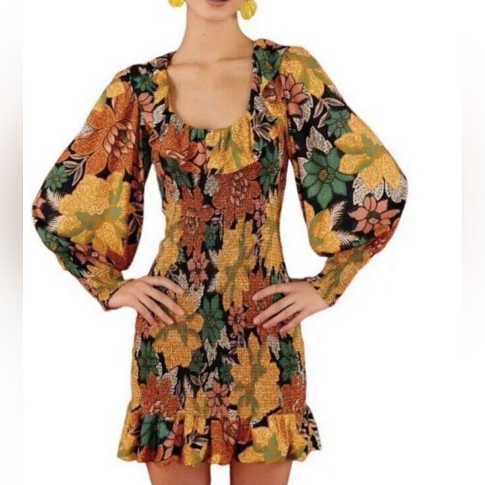 Farm Rio Women Size M Black Garden Floral Smock Balloon Sleeve Mini NEW Dress